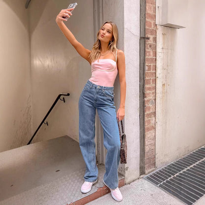 Pantalon en jean taille haute décontracté à jambe droite avec nœud pour femme