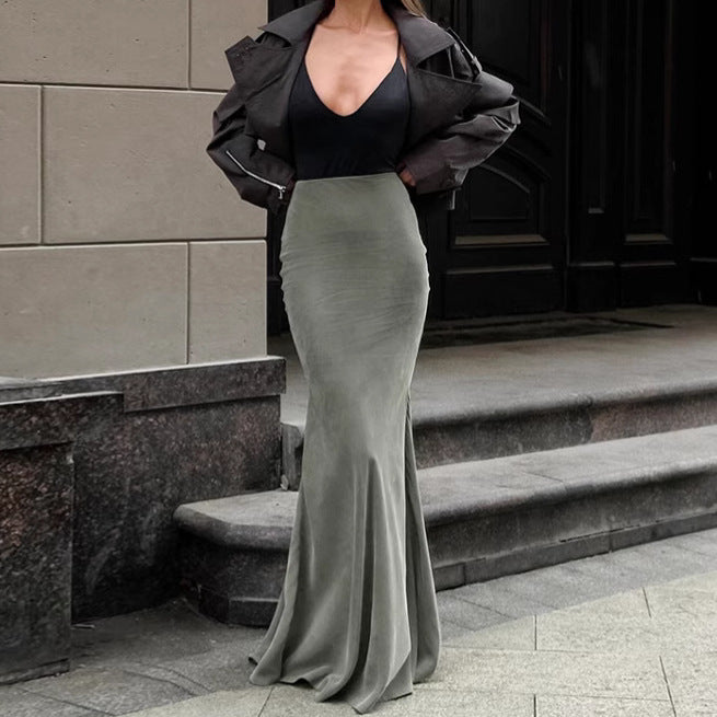 Autumn Winter Retro Silver Fox Velvet Green Slim High Waist Sheath Fishtail Skirt Elegant Casual Dress Women Clothing