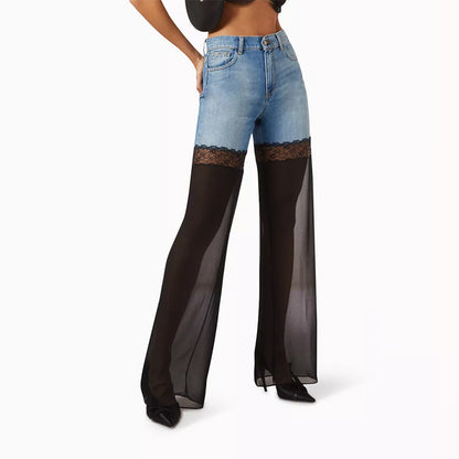 Été Sexy dentelle couture voir à travers haute qualité taille haute jambe large jean femmes