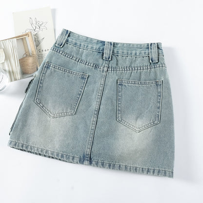 Denim Cargo Pants Shorts Emerald Blue High Waist Slimming Denim Skirt Cargo Pocket Pantskirt