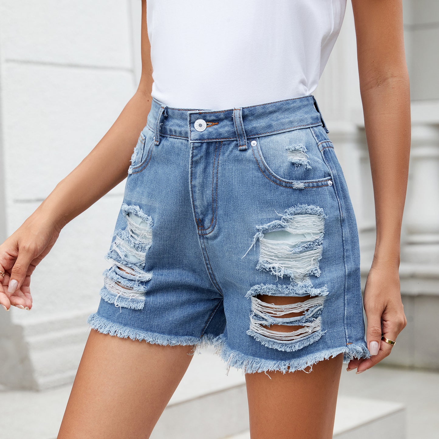 Women Clothing Summer Tassel Hole Denim Shorts Pants