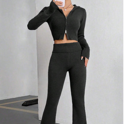 Autumn Winter Suit Zipper Hooded Sunken Stripe Top Bell Bottom Pants Two Piece Set Women