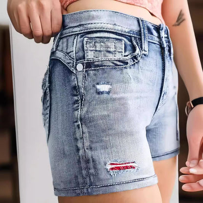 Short en denim lavé brodé pour femme