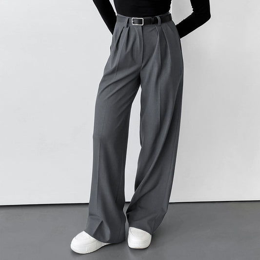 Pantalones de trabajo informales de cintura alta y pierna ancha holgados de color gris para oficina, recién llegados en otoño, para mujer