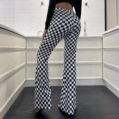 Chessboard Plaid Bell Bottom Pants Women Fitness Yoga Wear High Waist Make Legs Look Long Tight Nude Feel Sports Casual Street