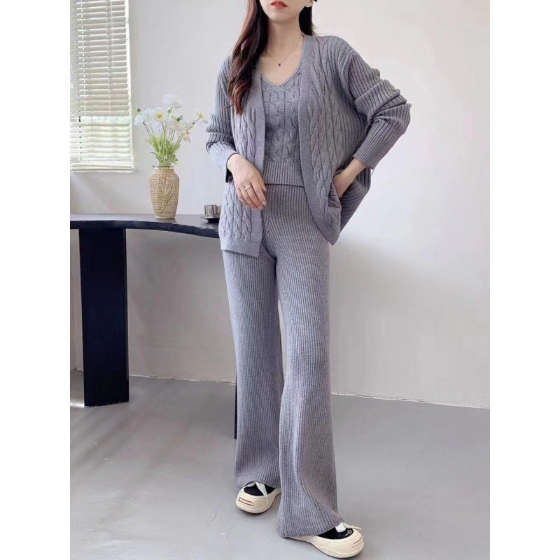 Autumn Winter Idle Knitting Suit Women Loose Cardigan Sling Bottoming Shirt Lengthened Wide Leg Pants Three Piece Set