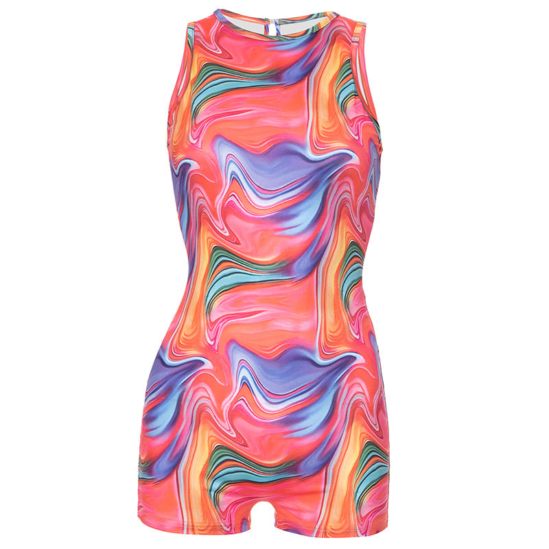 Women Clothing Summer Color Printed Back Hollow Out Cutout round Neck Sleeveless Romper