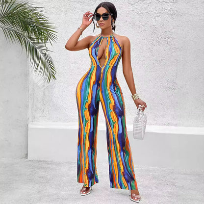 Women Clothing Summer Halter Sleeveless Sexy Wide Leg Printing Romper Casual