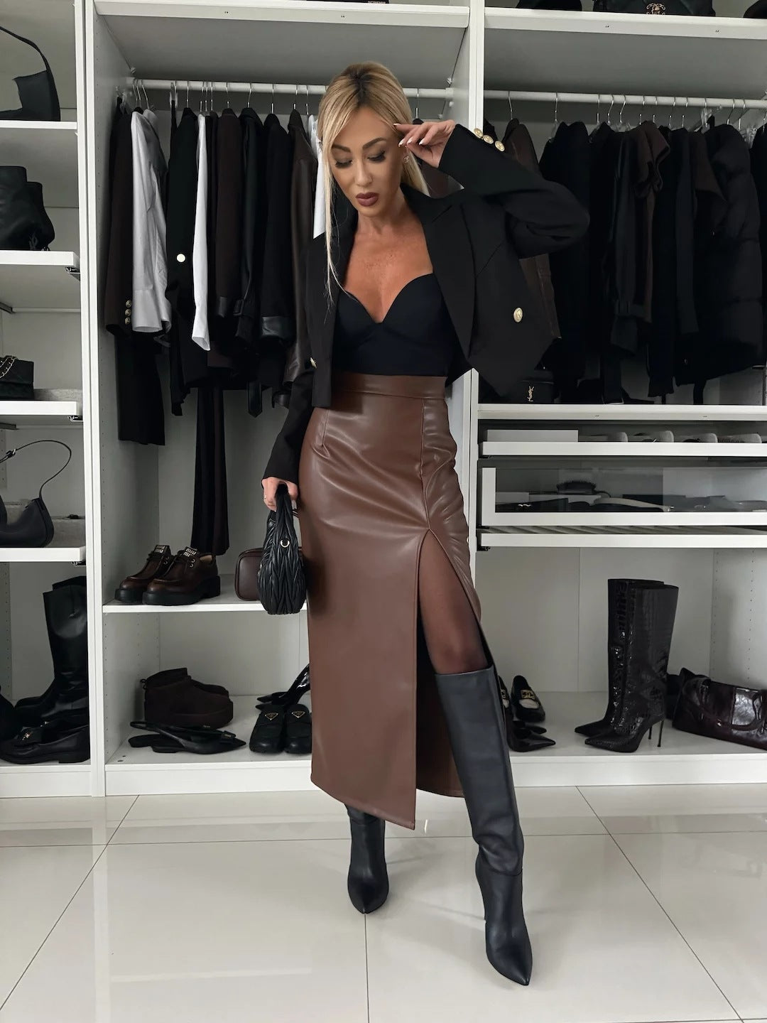 Autumn Sexy High Waist Slim Fit Slit Sheath Skirt Lady Leather Skirt