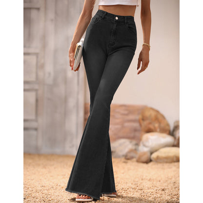 Ropa de mujer Pantalones vaqueros ligeramente acampanados con bordes rugosos en color negro