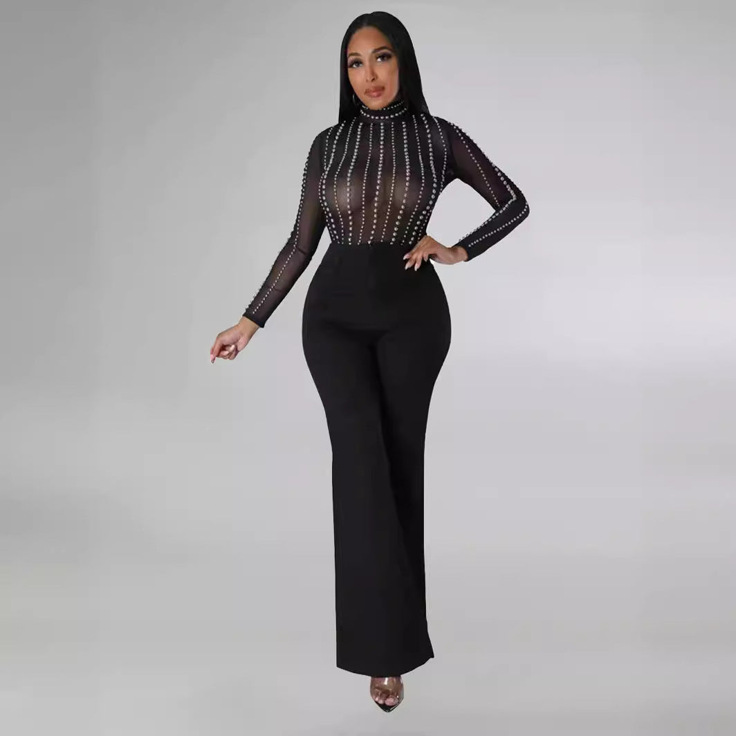 Black Long Sleeved Top Rhinestone Transparent Mesh Sexy Nightclub Pants Two Piece Set Women