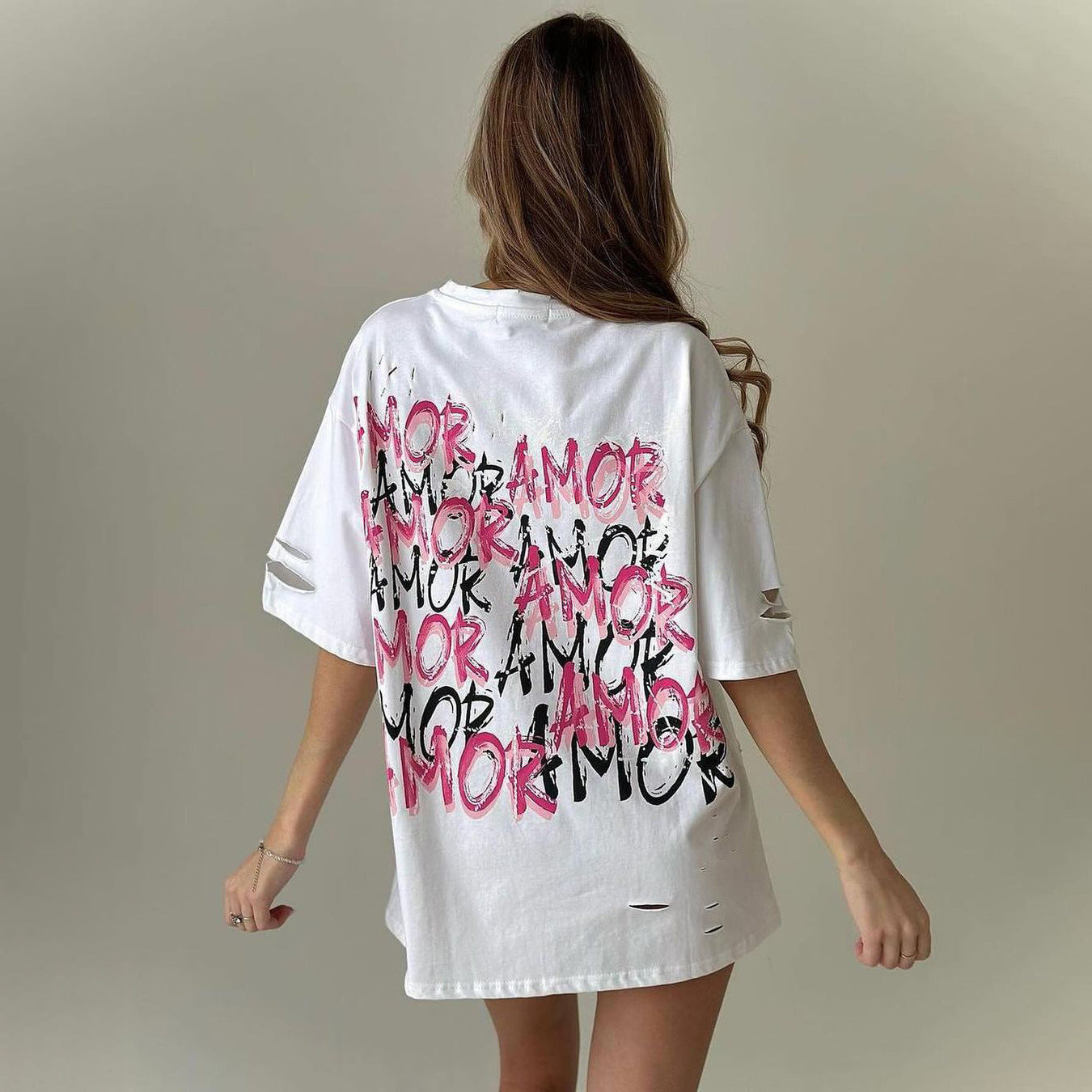 T-shirt à manches courtes pour femmes, Design cassé, Sexy, lettre Amor, imprimé graphique, couleur contrastée, col rond, grande Version, haut assorti pour femmes