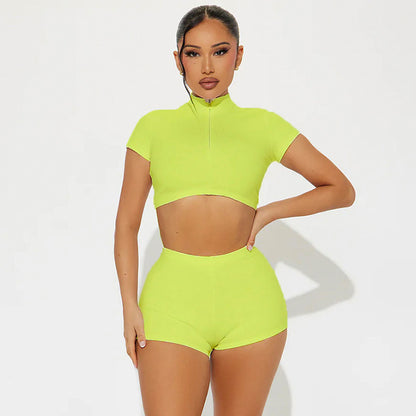 Women Clothing Summer Half Turtleneck Short Sleeve Cropped Top Stretch Shorts Casual Suit