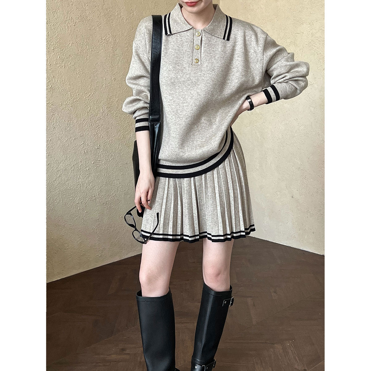 College Polo Collar Sweater High Waist Pleated Half Length Skirt Sets Women Winter