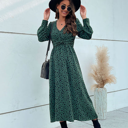 Women Wear Green Long Sleeve Leopard Print Maxi Dress