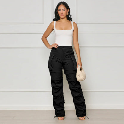 Pantalon plissé pour femme, droit, taille élastique, poche, bande à la cheville, vêtements de travail, automne et hiver