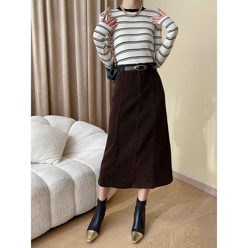 Belt Bud Shaped Waist Corduroy Straight A line Fleece lined Skirt