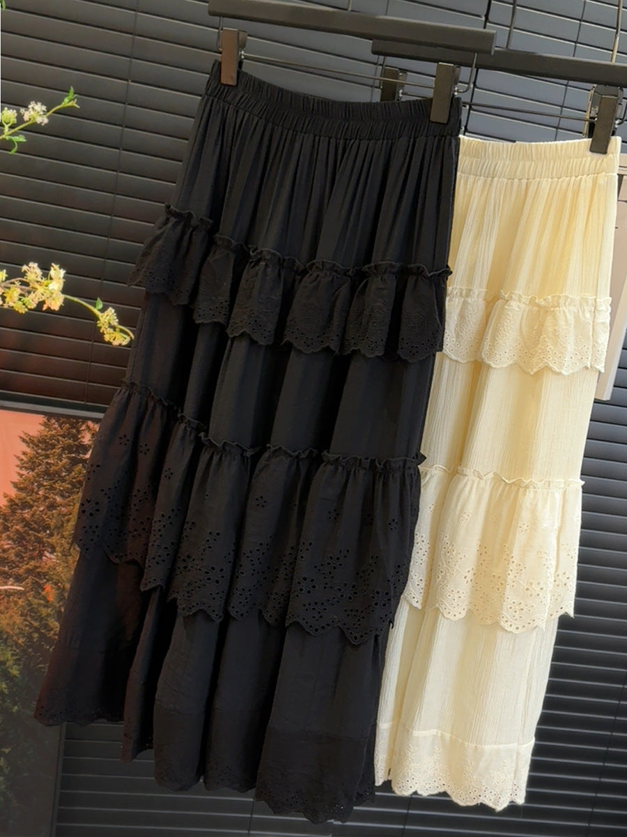 Crochet Ruffled Tiered Dress Spring Summer Korean Pleated Elegant Graceful Long Skirt