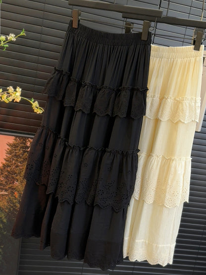 Crochet Ruffled Tiered Dress Spring Summer Korean Pleated Elegant Graceful Long Skirt