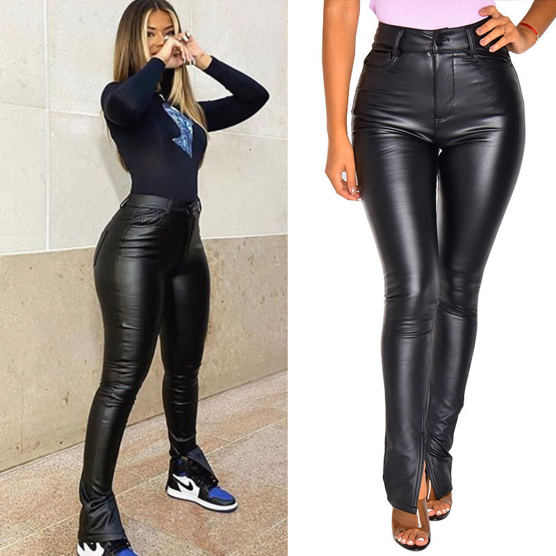 Pantalons décontractés été taille haute minceur serré femmes pantalons Faux cuir pantalon en cuir