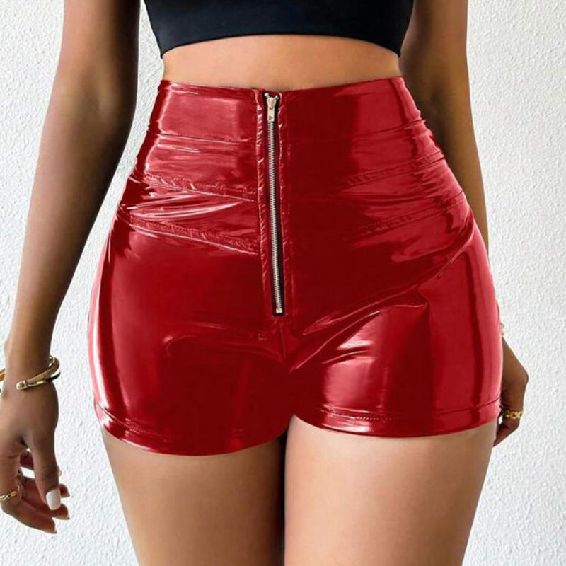 Fall Women Clothing Faux Leather Mirror High Waist Elastic Stitching Metal Zipper Shorts