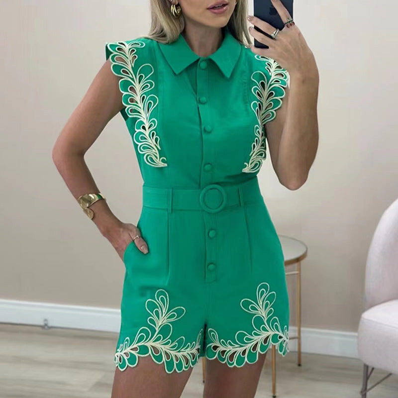 Casual Summer Embroidered Collared Hollow Out Cutout out Flounce Trim Lace up Fitted Waist Jumpsuit Women