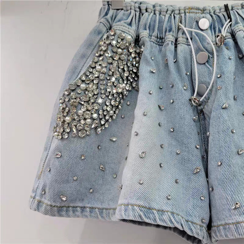 Pantalones cortos de mezclilla de cintura alta para mujer, con diseño de estrellas y diamantes, de Heavy Industry