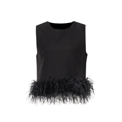 Hepburn Design Ostrich Feather Patchwork Top Spring/Summer New round Neck Simple Short Solid Color Vest for Women