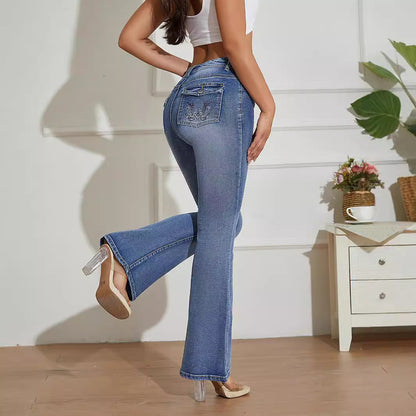 Pantalones vaqueros de mujer con bordado de bolsillo y desgastados, pantalones acampanados, pantalones de mujer