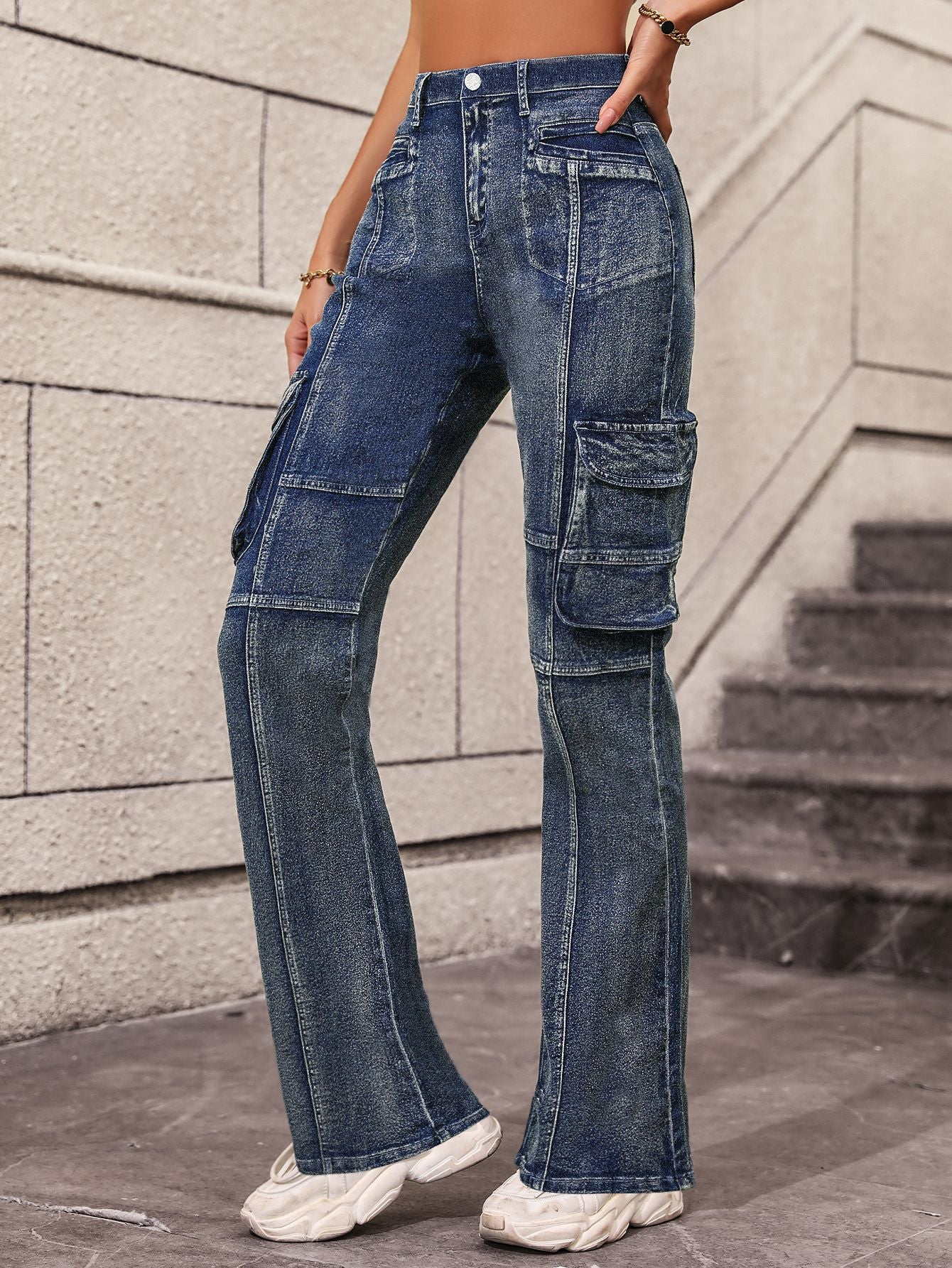 Pantalon Cargo à la mode multi-poches, Sexy, taille haute, droit, amincissant, en Denim, pour femmes