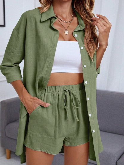 Women Clothing Summer Single Breasted Shirt Solid Color Casual Loose Suit Women