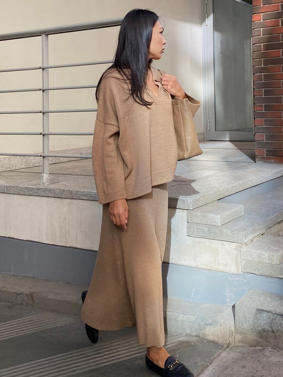 Autumn Winter Minimalist V Neck Solid Color Loose Sweater Suit Women