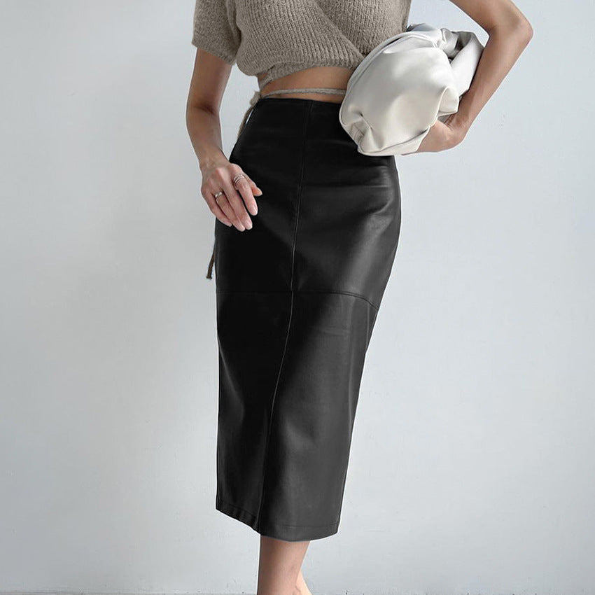 Autumn Winter Retro Classic Khaki Fleece lined Matte Slimming Faux Leather High Waist Casual Slit Skirt for Women