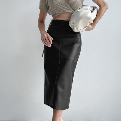 Autumn Winter Retro Classic Khaki Fleece lined Matte Slimming Faux Leather High Waist Casual Slit Skirt for Women