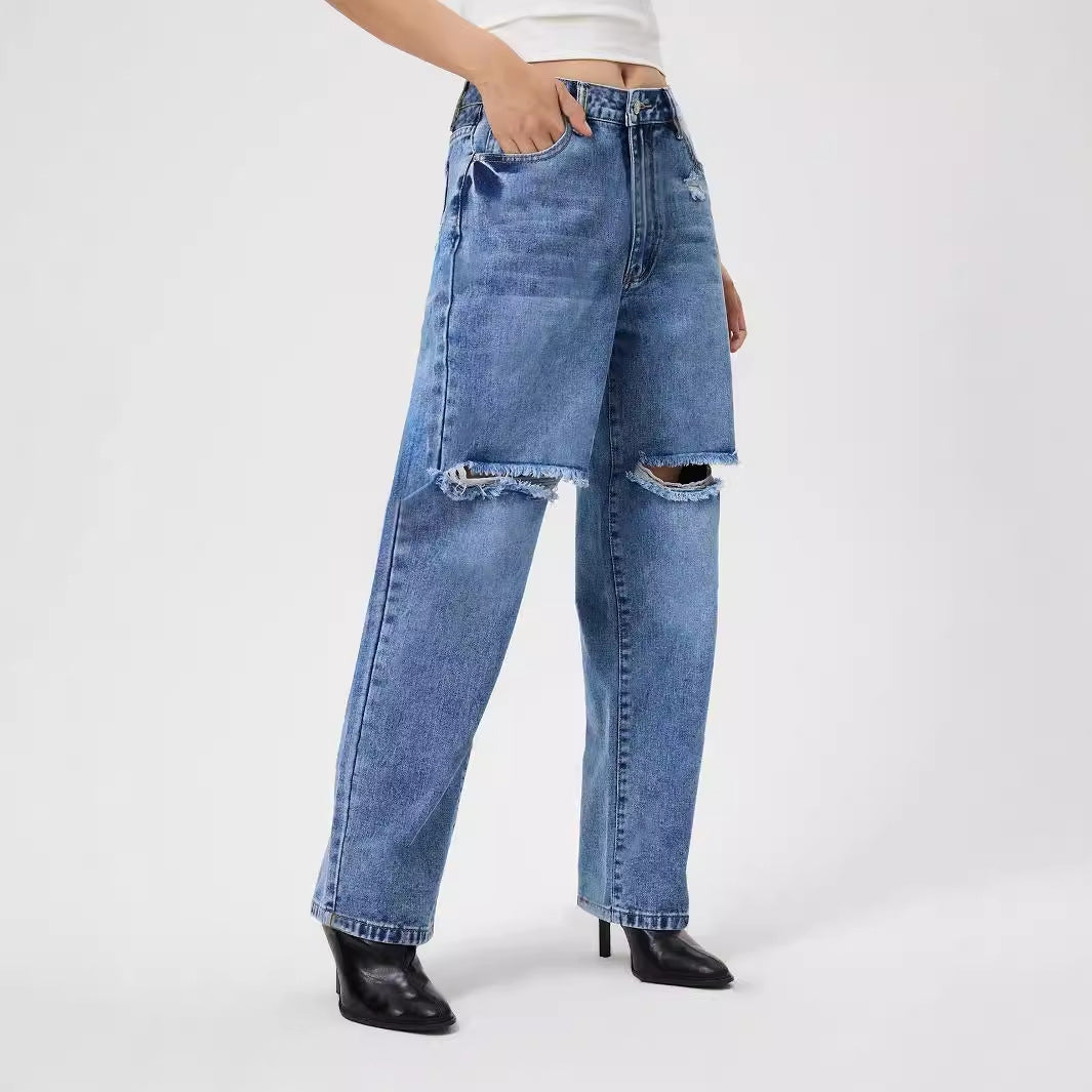 Women Clothing Loose Hole Denim Trousers