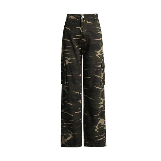 Pantalones de camuflaje de mezclilla Retro High Street, ropa de trabajo con múltiples bolsillos a la moda de otoño, pantalones de pierna recta para mujer