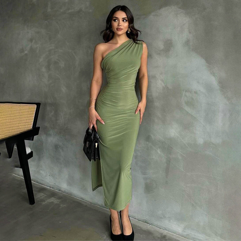 Women Clothing Summer Elegant Socialite Solid Color Slim Fit Slit Hip Wrapped Maxi Dress