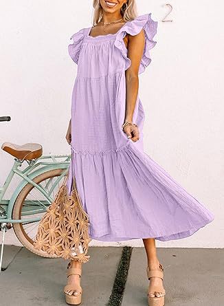 Women Clothing Flying Sleeve Square Collar Off Shoulder Pleated Hem Dress