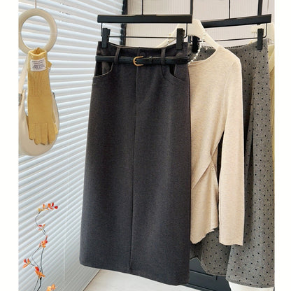 Brushed Gray Woolen Skirt Women Autumn Winter High Waist Slimming Sheath Split Mid Length Straight Skirt