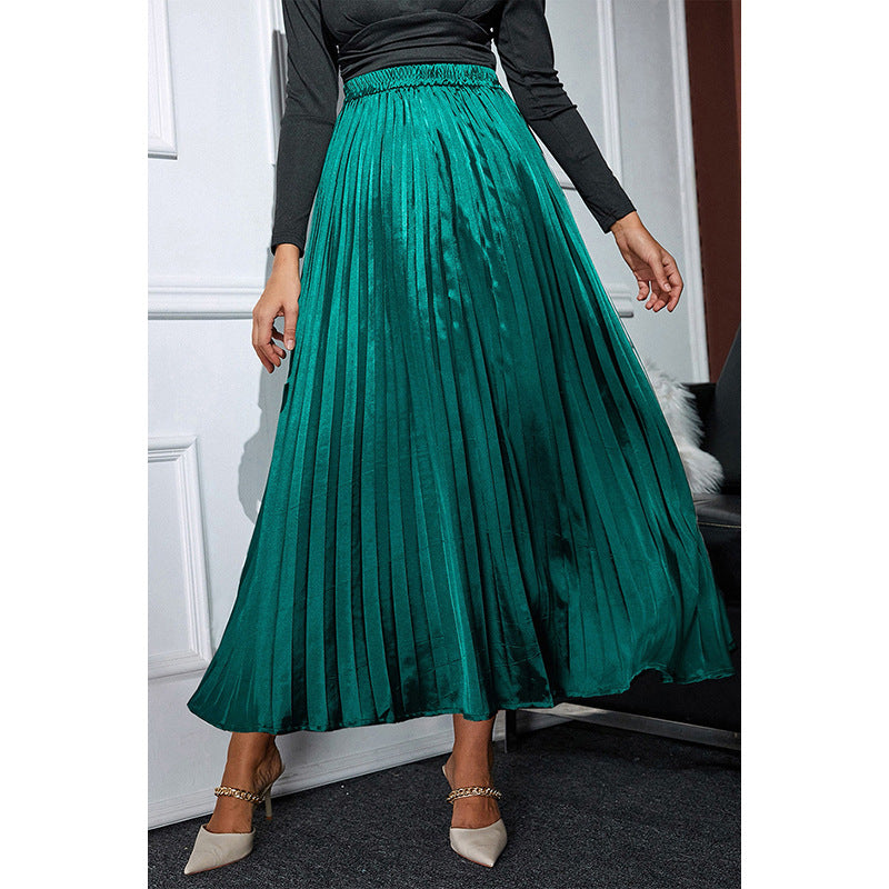 Autumn Winter Solid Color Satin Pleated Long Skirt Women Office High Waist Loose Skirt Women