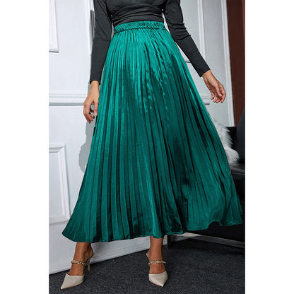 Autumn Winter Solid Color Satin Pleated Long Skirt Women Office High Waist Loose Skirt Women