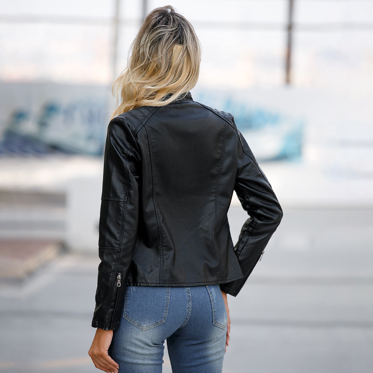 Chaqueta de cuero para mujer, chaqueta fina para mujer, abrigo fino para primavera y otoño, ropa de moto para mujer, chaqueta de cuero con cuello alto