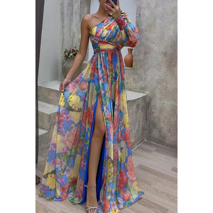 Autumn Winter Party Casual Split Dress Loose Multi Color Oblique Shoulder Dress