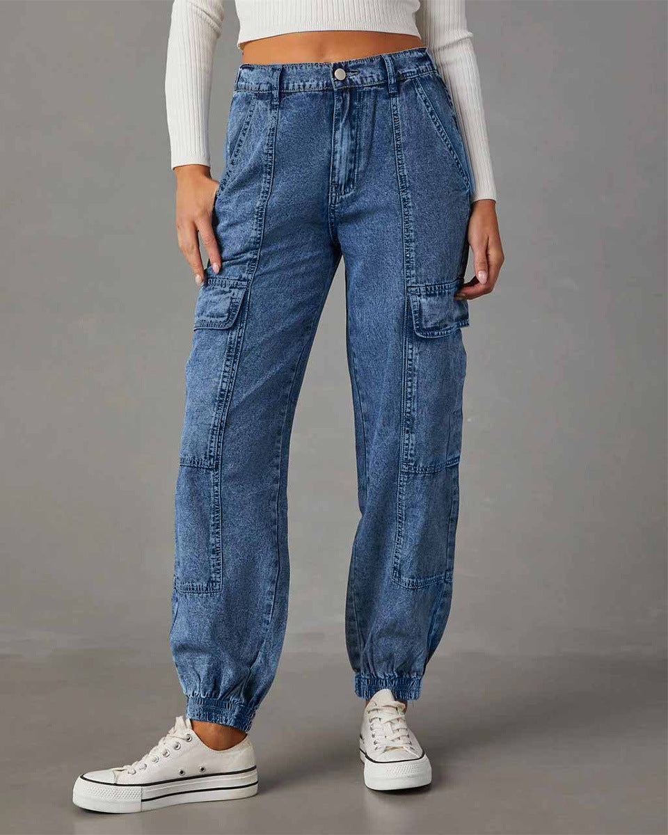 Cargo Jeans Women Autumn Casual Elastic Waist Ankle Tied Loose Women Pants