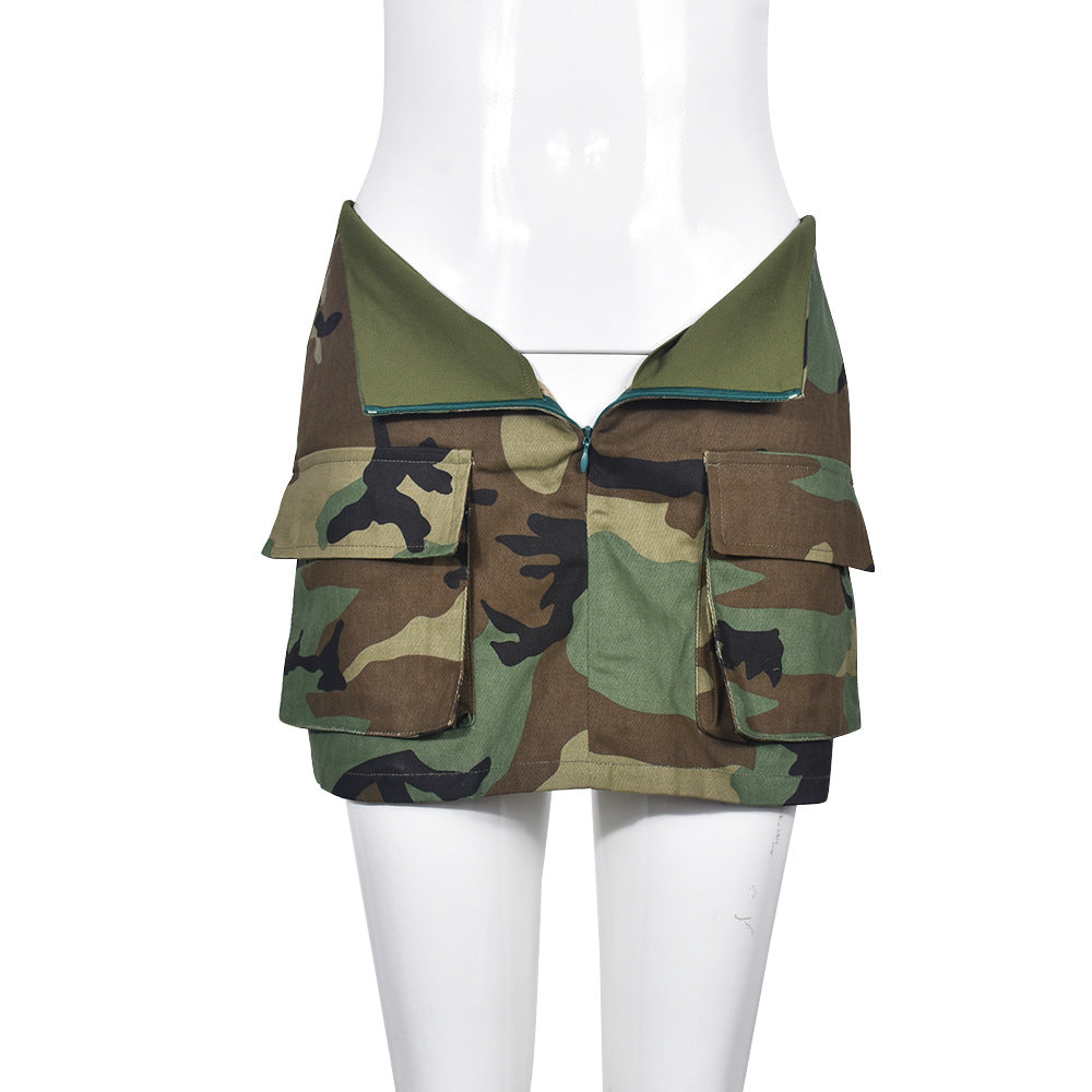 Contrast Color Women Clothing Summer Zipper Pocket Camouflage Skirt