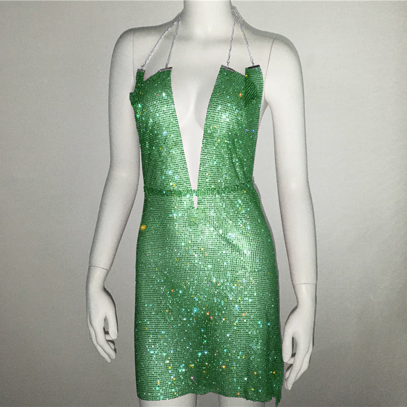 Ropa de mujer, vestido Popular de Metal con diamantes de imitación, vestido Sexy para fiesta y discoteca, vestido Halter para mujer