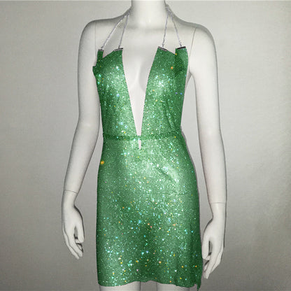 Ropa de mujer, vestido Popular de Metal con diamantes de imitación, vestido Sexy para fiesta y discoteca, vestido Halter para mujer