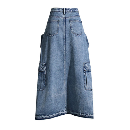 Brand Workwear Bag Skirt High Waist Front Slit Design Denim Solid Color Women Skirt