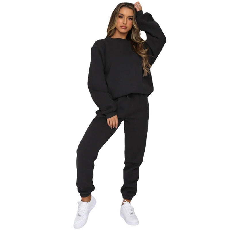 Women's Solid Color Round Neck Pullover Fashion Casual Sweater Suit