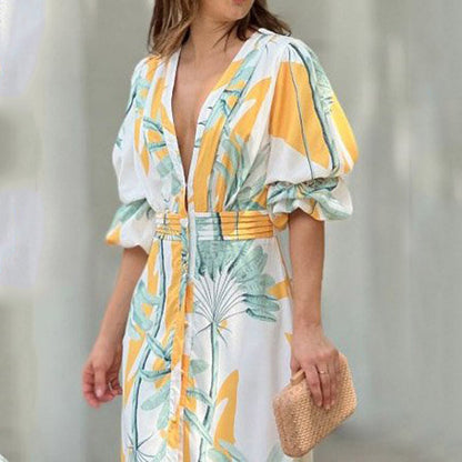 Women Clothing V neck Puff Sleeve Waist Trimming Printing Maxi Dress